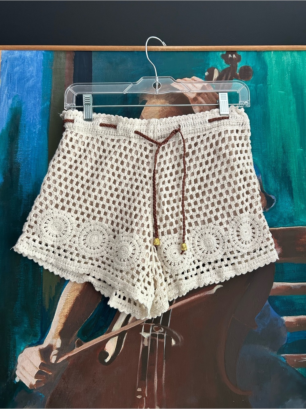 Cream Crochet Shorts Boho Festival High Waist Lined Drawstring Scallop Hem